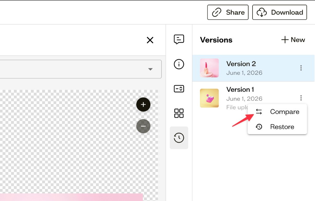 Version action menu showing the Compare and Restore options