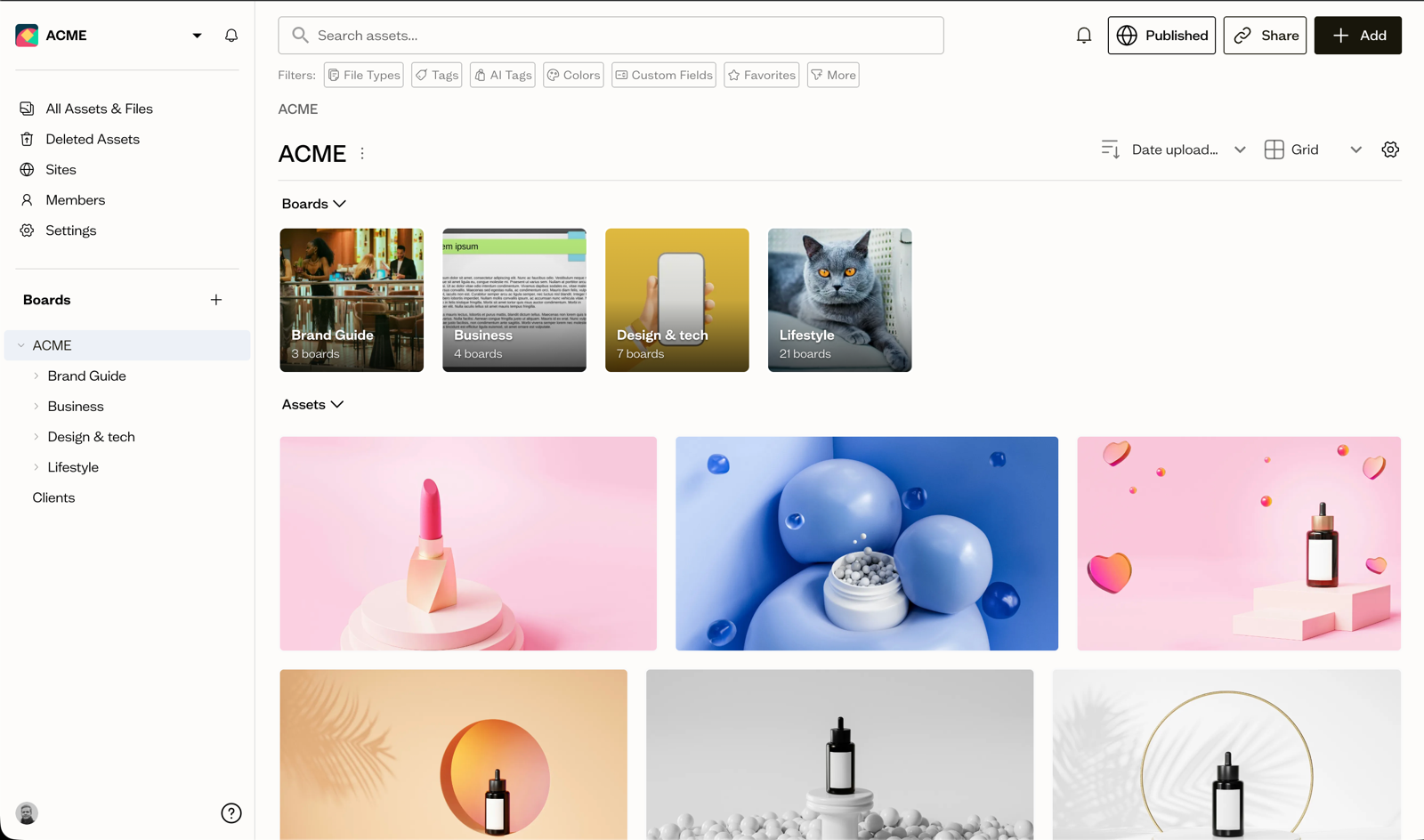 A brand portal showing organized collections of logos, photography, and brand guidelines with download options