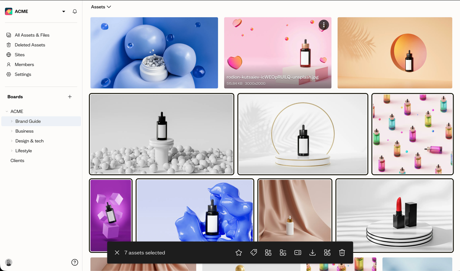 Asset collection view showing logos, brand colors, and photography available for download in multiple formats