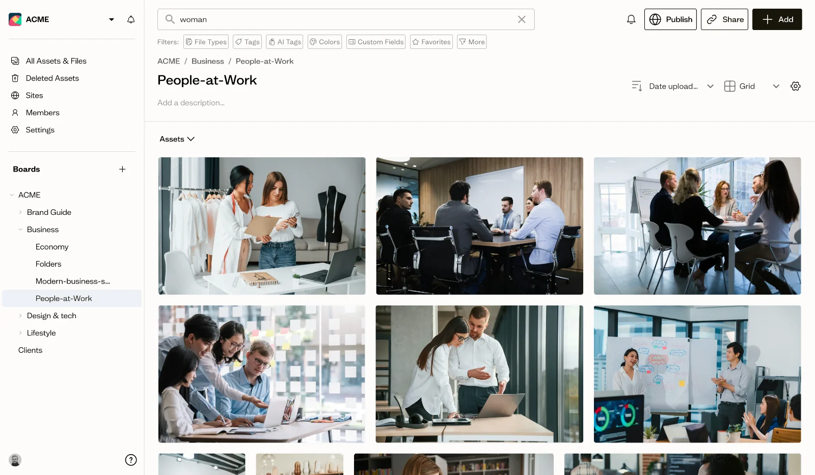 AI-powered search showing instant results for brand assets with automatic tagging