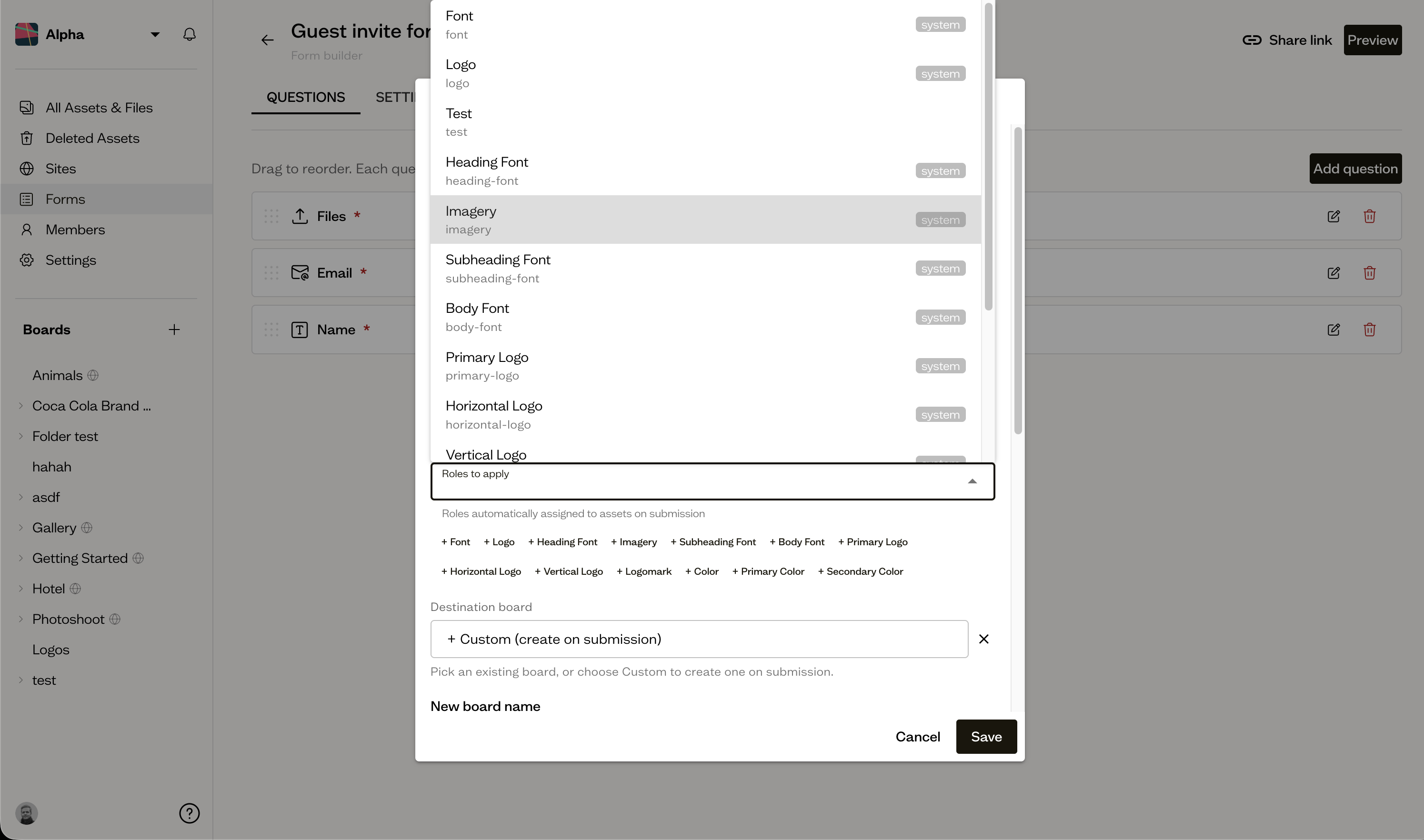 Form builder showing roles attached to an upload question