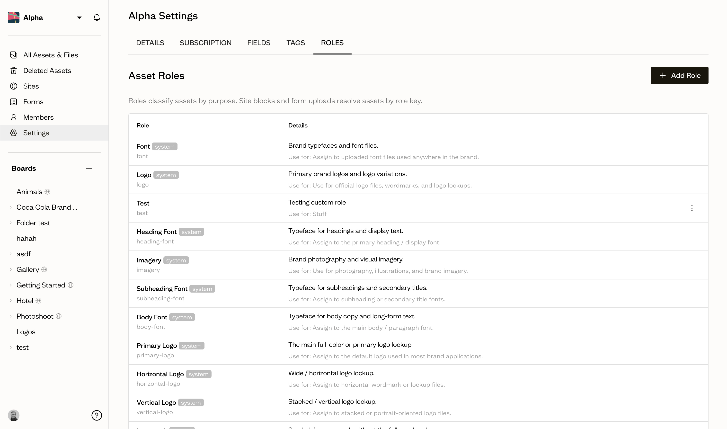 Workspace Roles page in settings