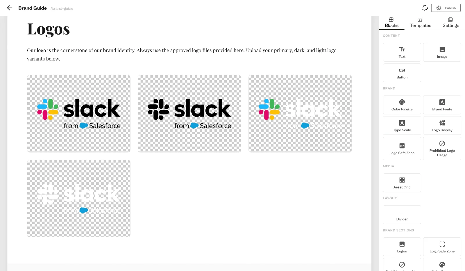 Example of a published brand guide created with Baseline showing live, always-updated brand standards