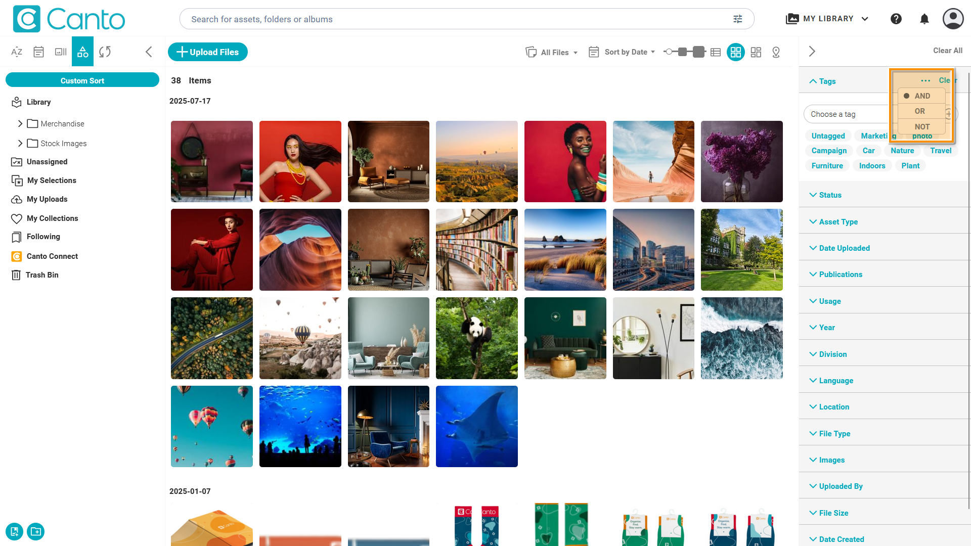 Canto's asset library with tag-based filtering