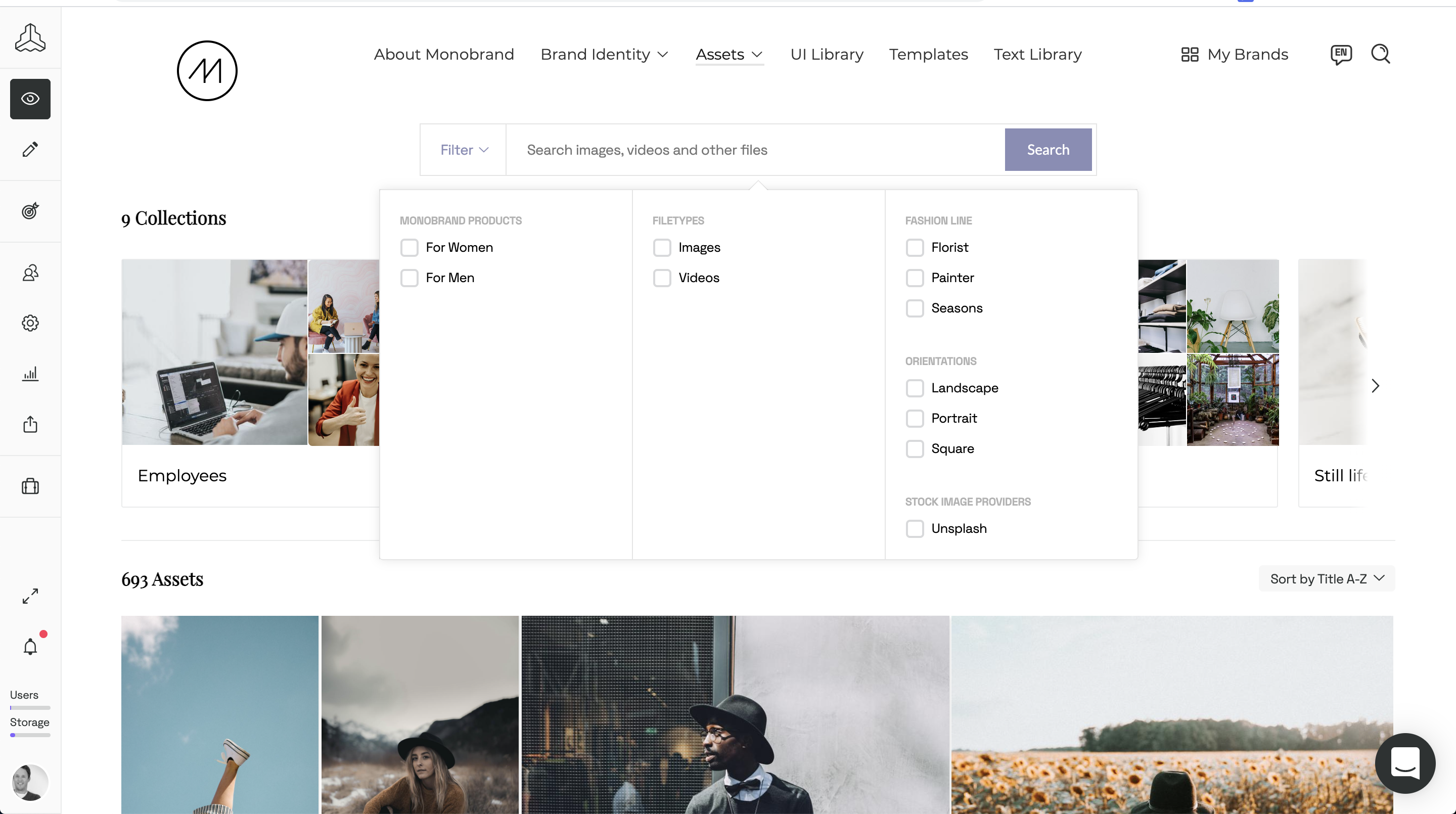Frontify's asset library with filtering panel