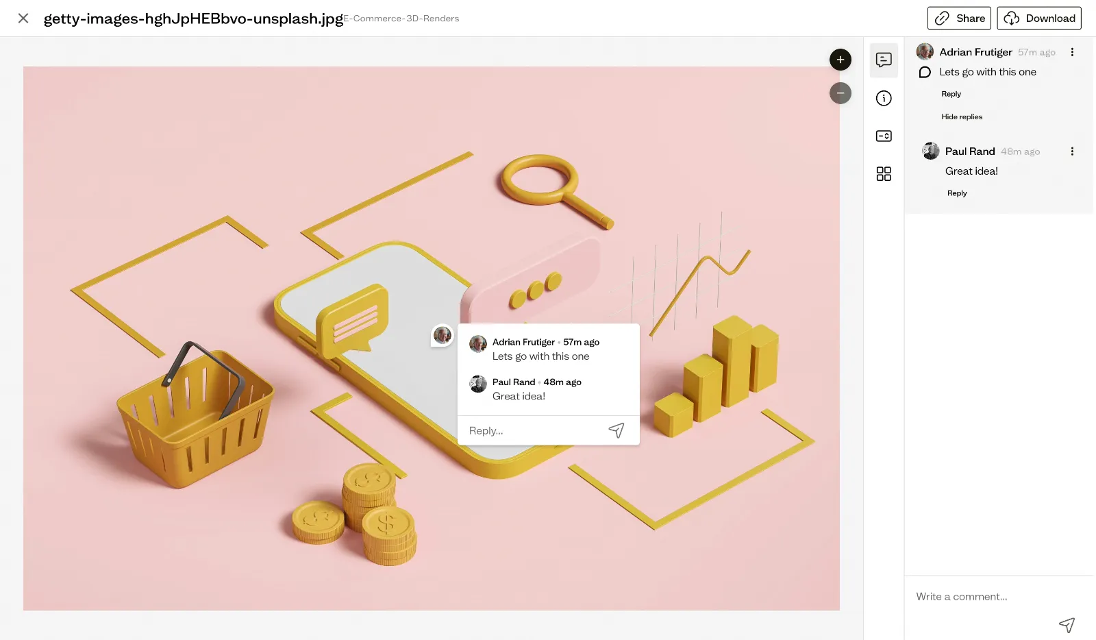Image: Asset with annotation boxes and comments panel