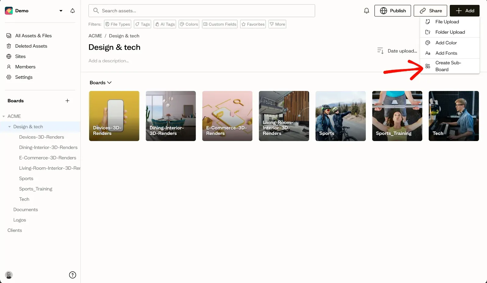 Image: Creating a new board with the Add button highlighted