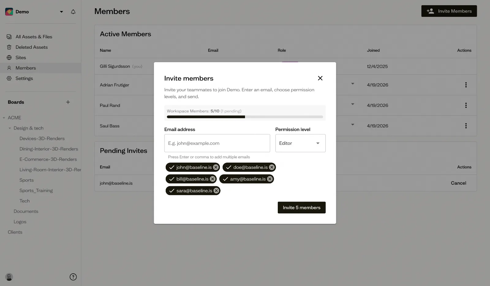 Image: Team invitation interface showing email input and permission settings