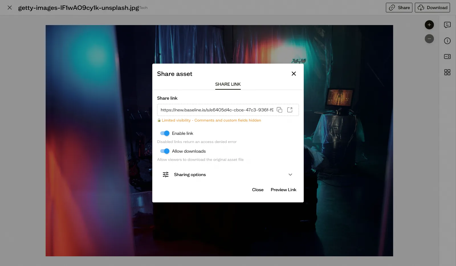 Image: Share dialog showing password protection and permission options