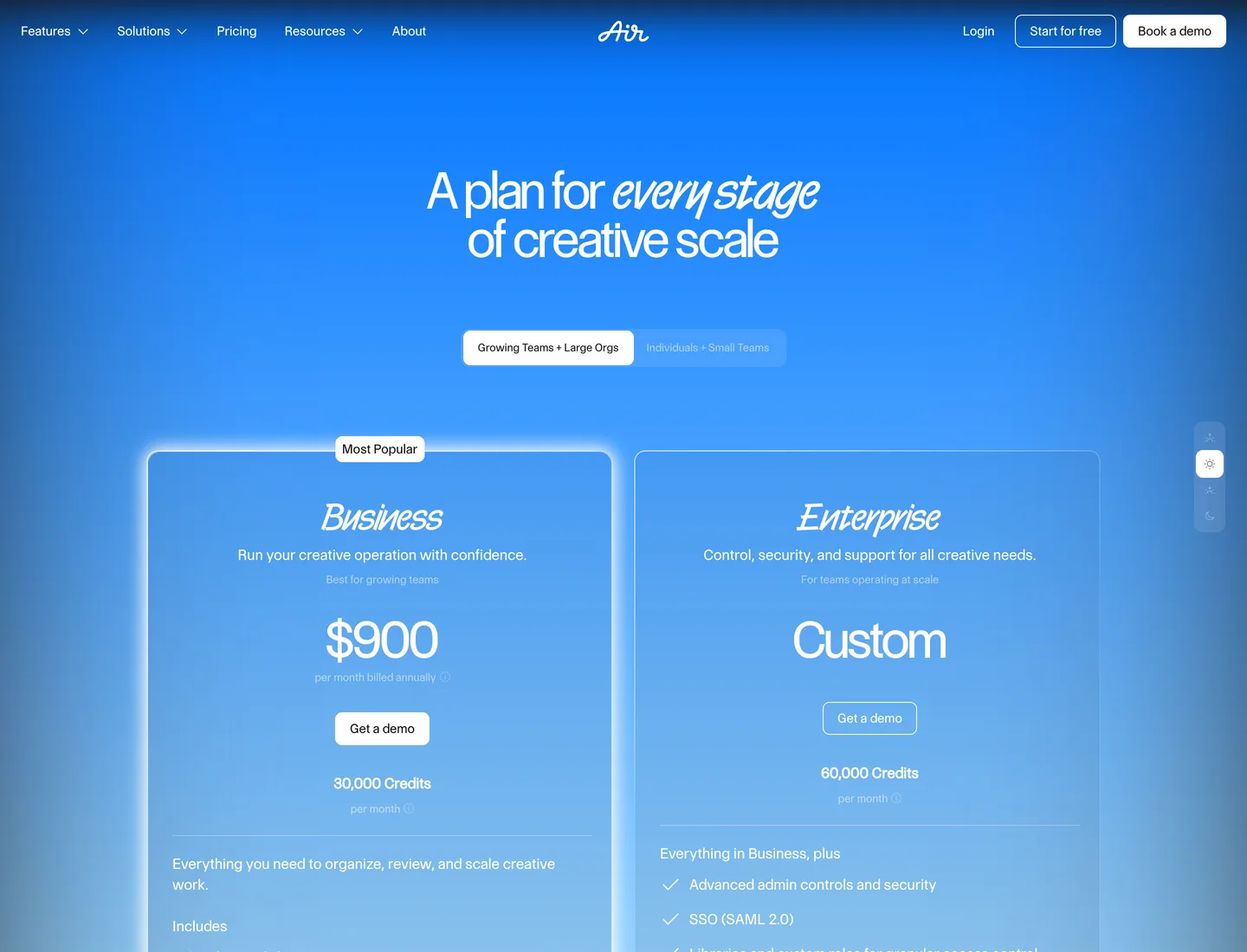 Air's pricing page showing the Business tier at $900/month
