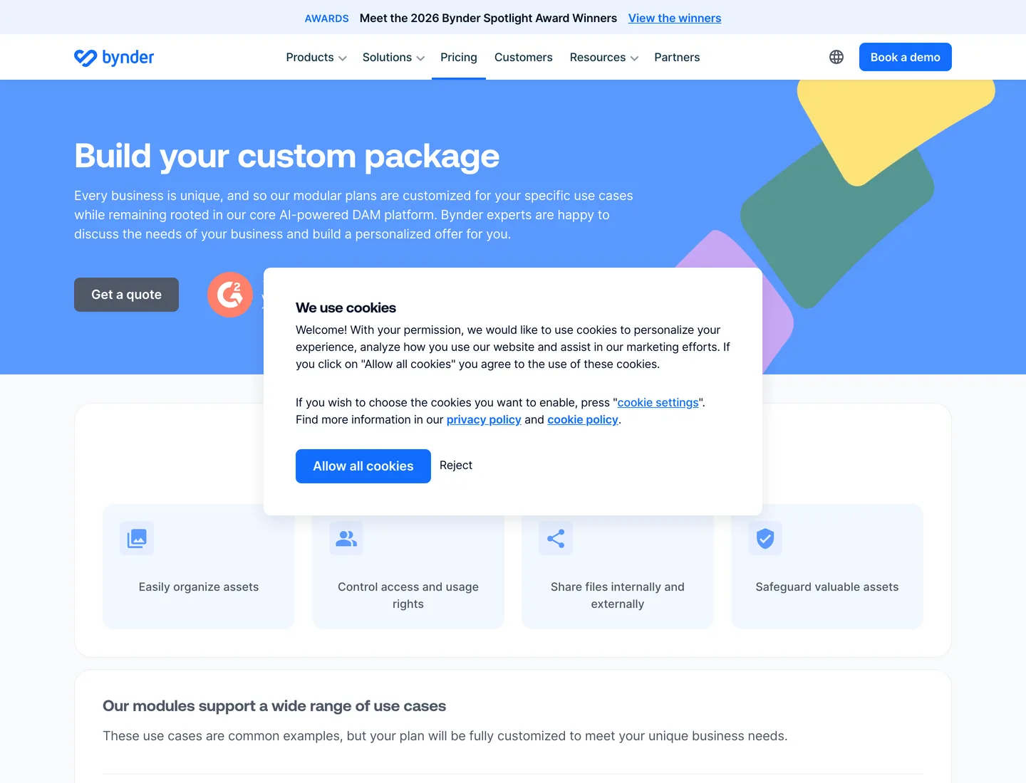 Bynder's pricing page, which lists plan tiers but no prices