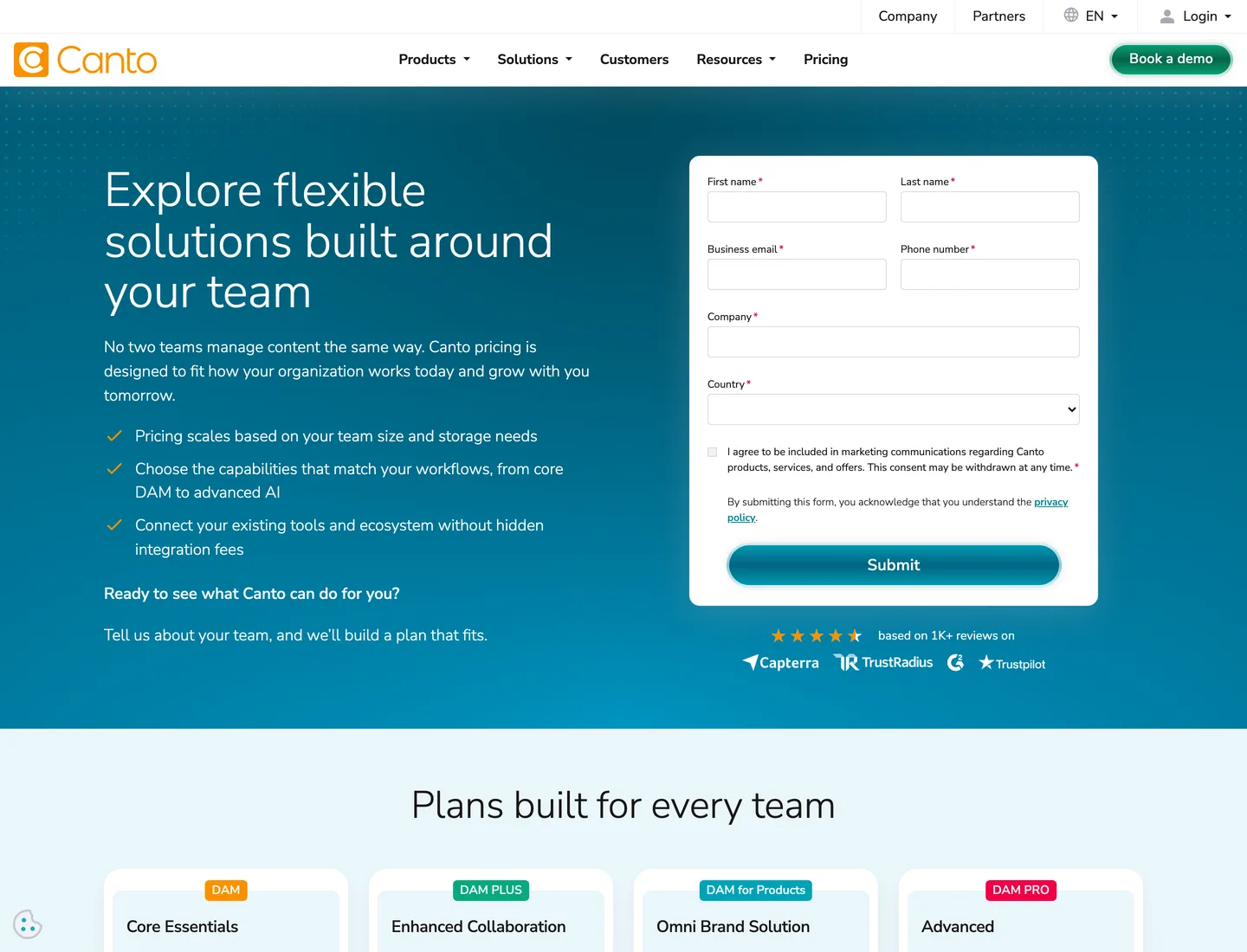 Canto's pricing page: a lead-capture form and four plan cards with no prices