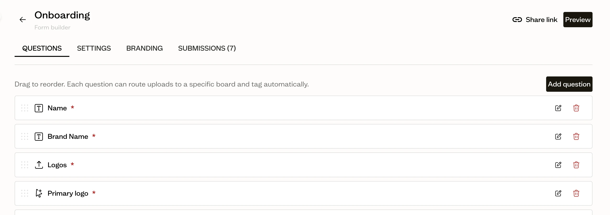 Form builder showing a mix of Text and File Upload questions, with a note that each question can route uploads to a specific board and tag automatically