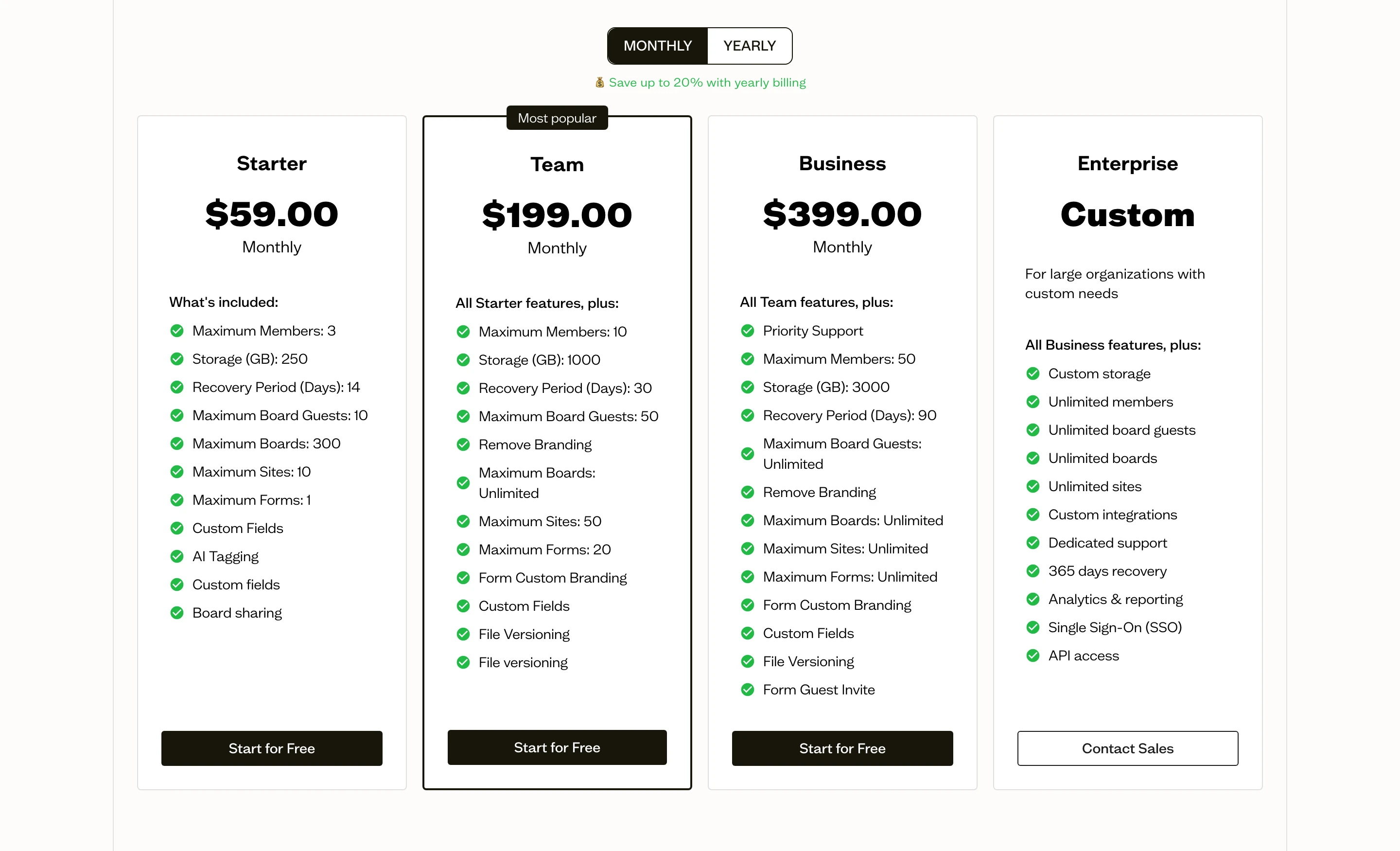 Baseline's pricing page showing Starter, Team, Business, and Enterprise tiers with published monthly rates of $59, $199, and $399