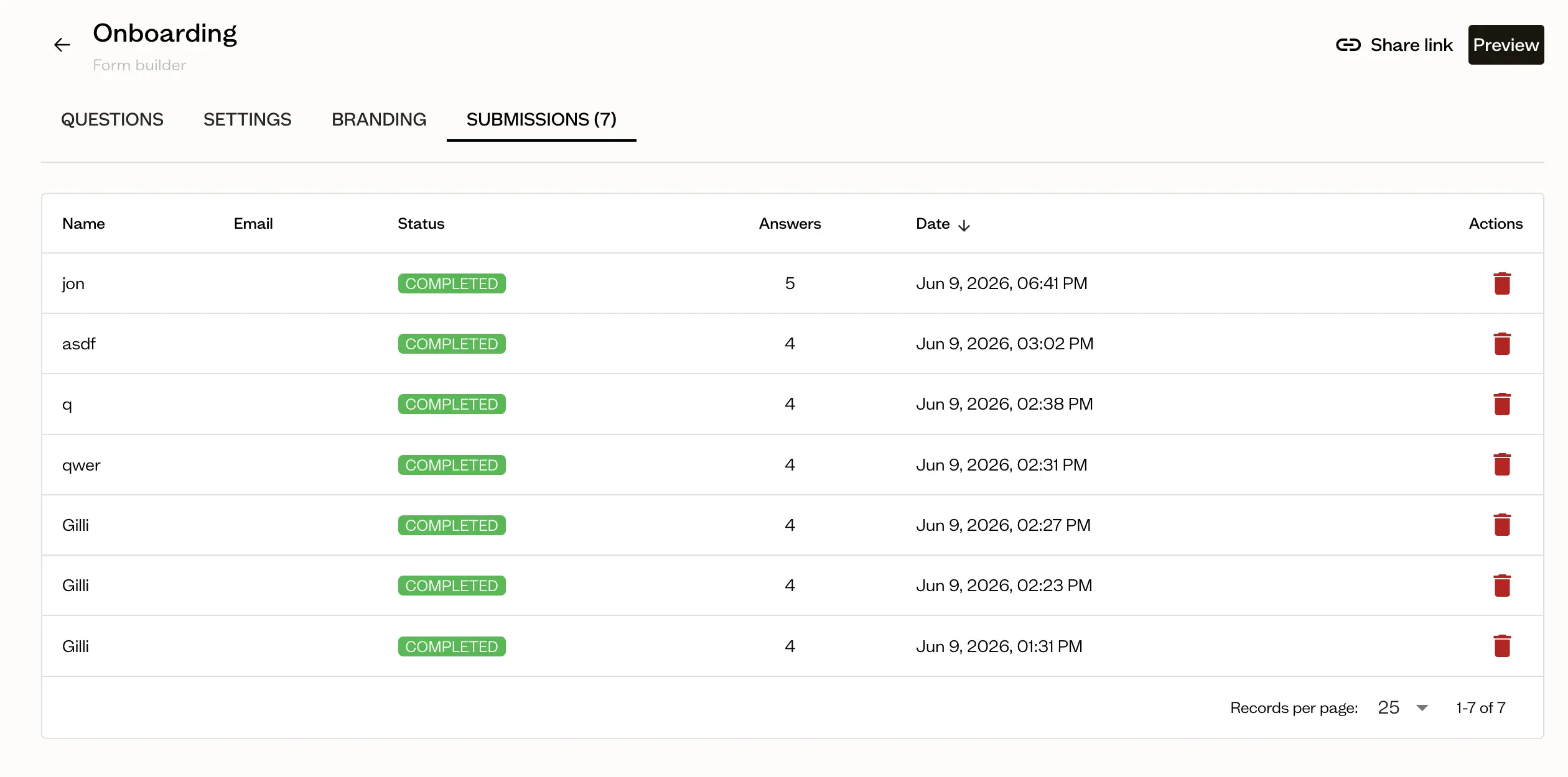A form's Submissions tab listing each completed brief by name, status, number of answers, and submission date
