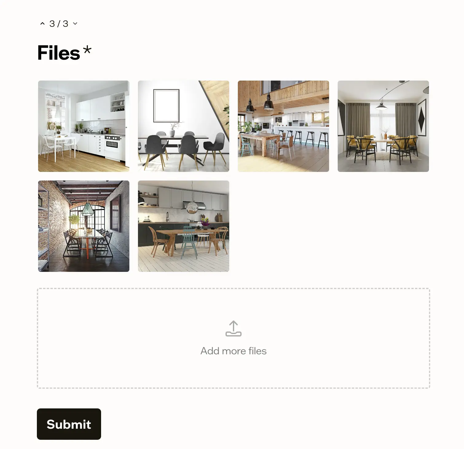 A completed File Upload question showing several reference images attached, plus an "Add more files" control for adding more