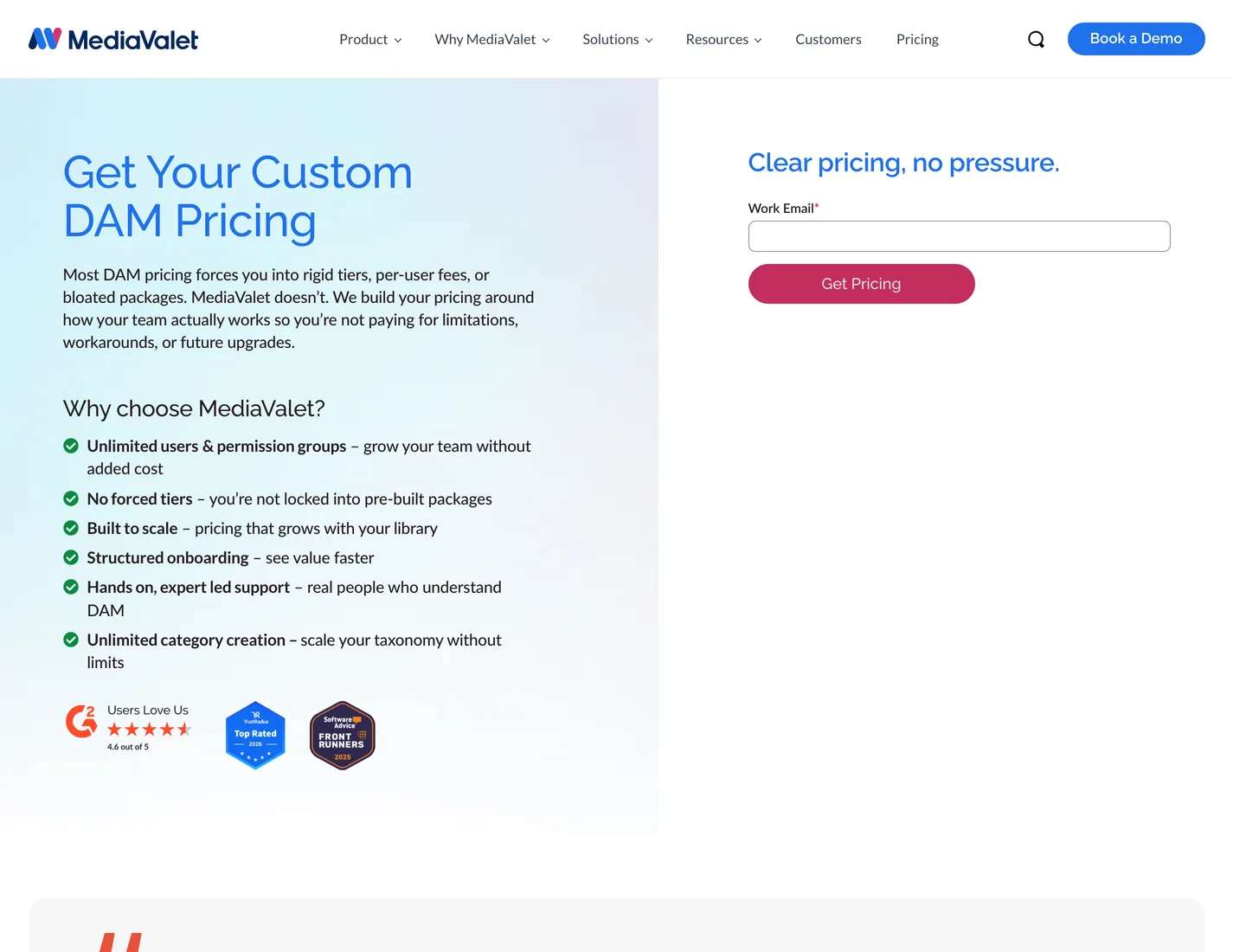 MediaValet's pricing page, which describes the model but publishes no rates