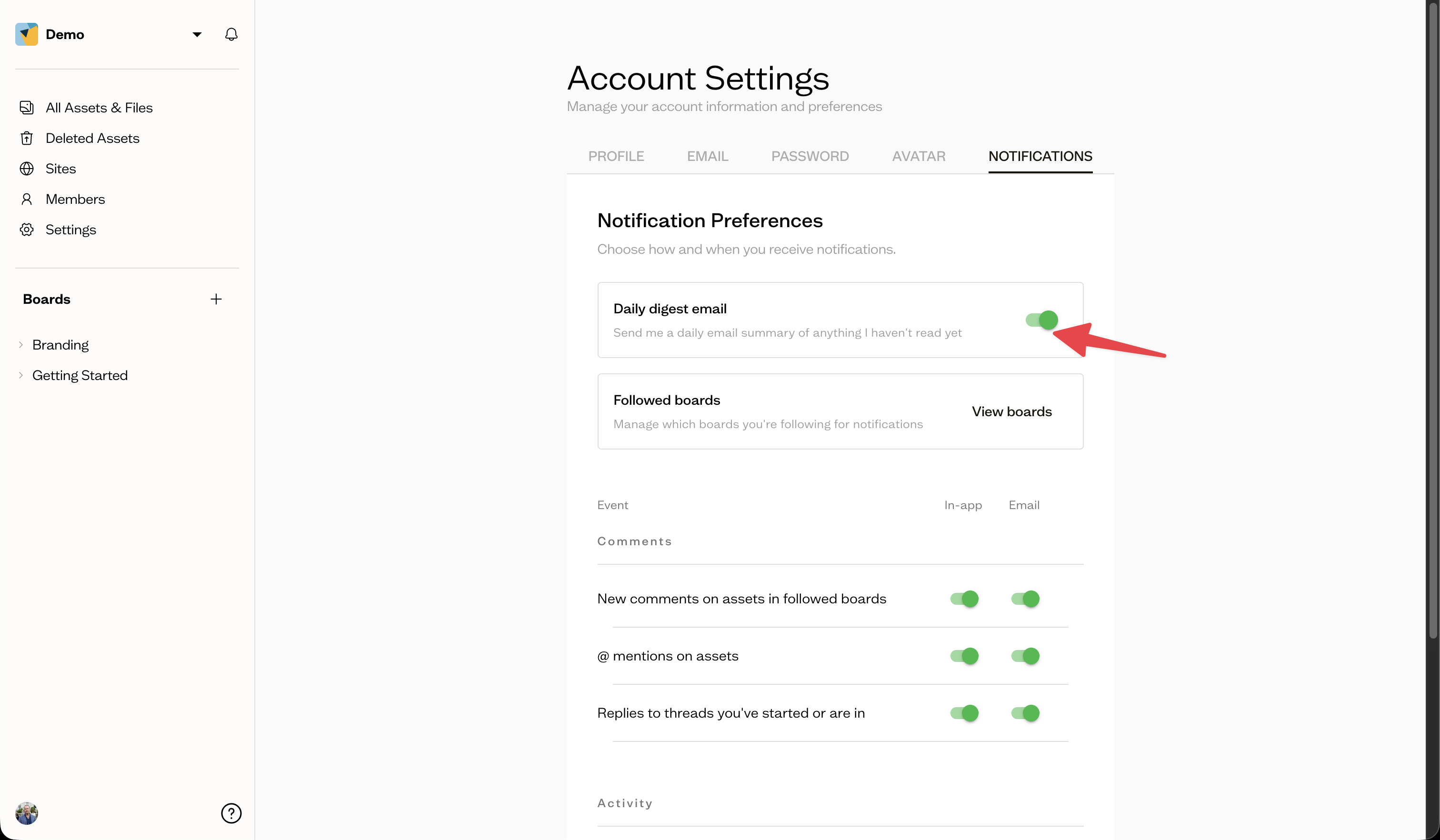 The daily digest toggle