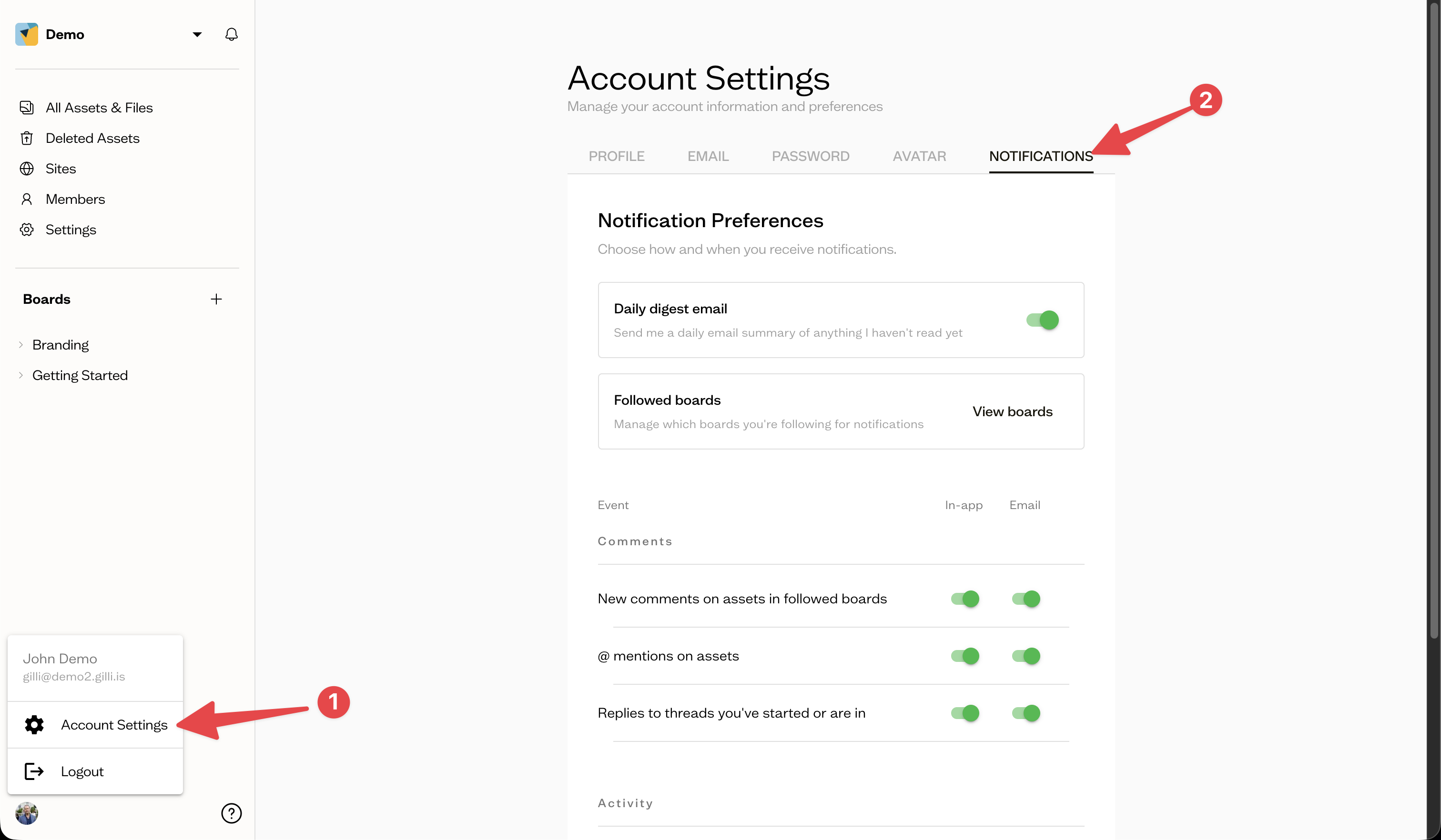 Account settings notification tab