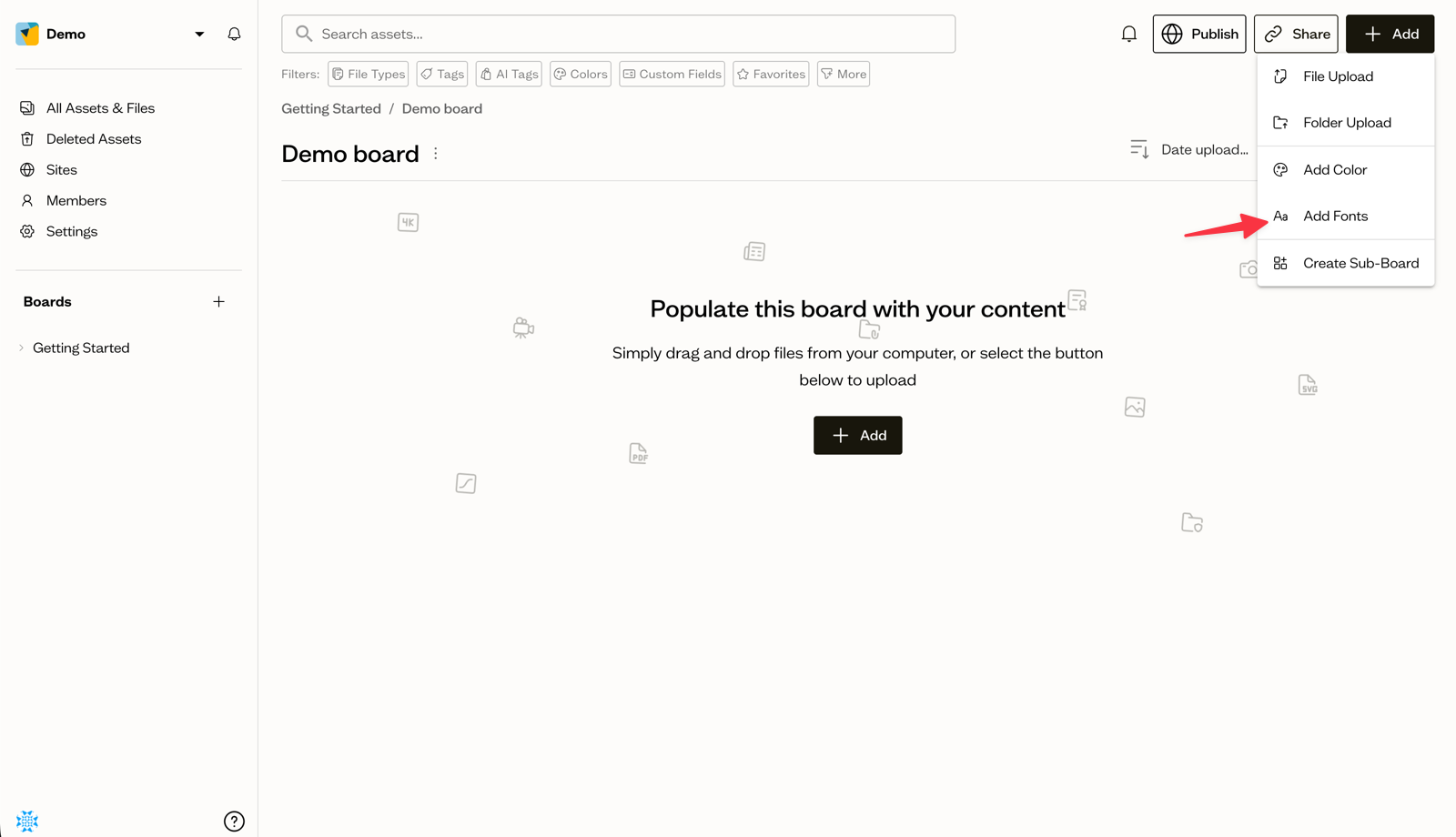 Add file or folder to a board
