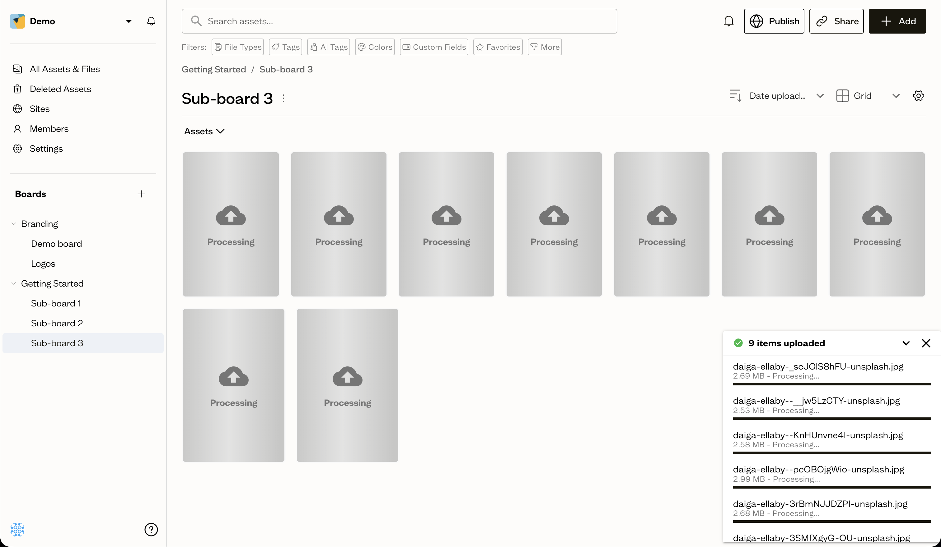 The upload progress panel