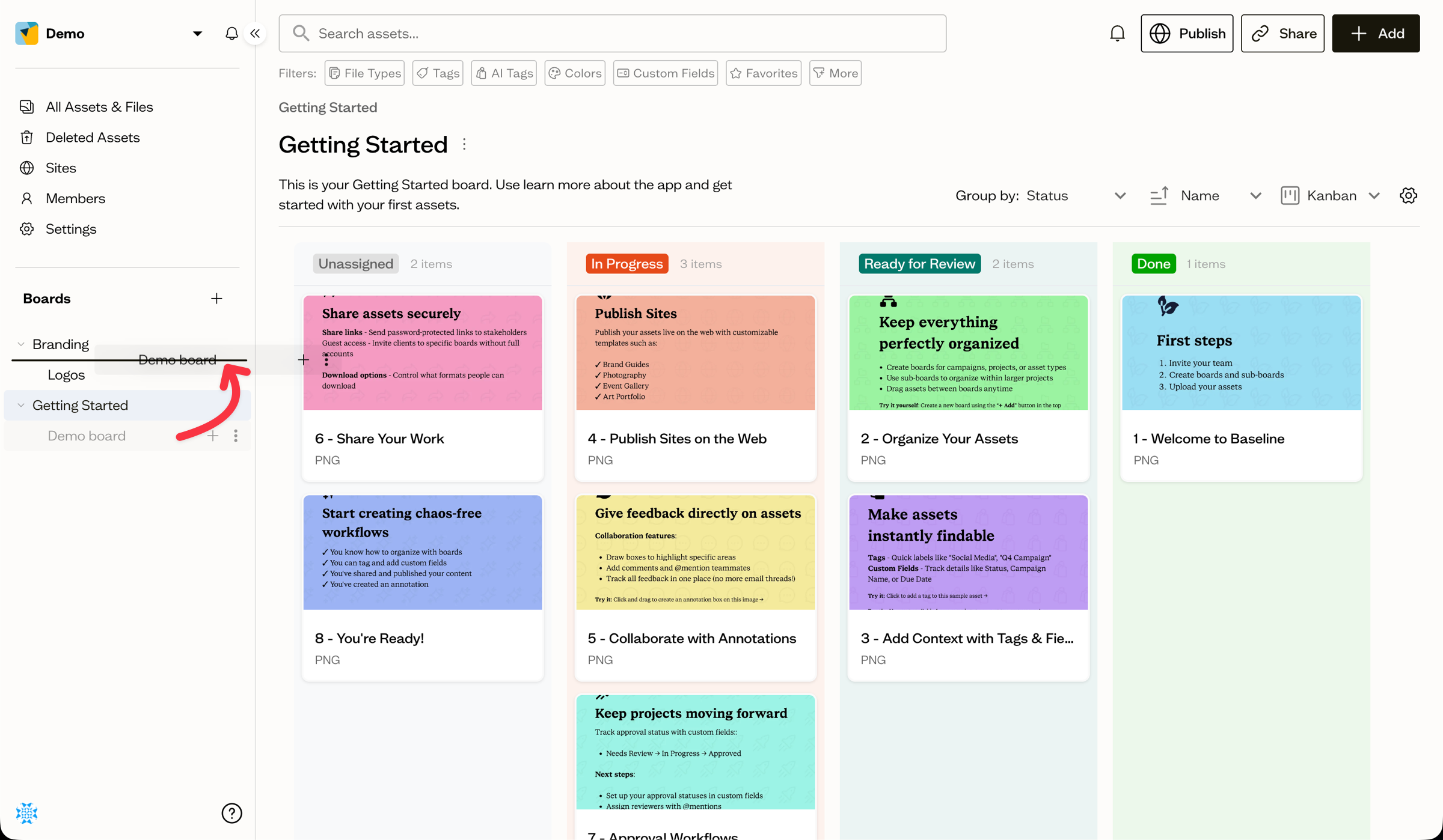 Dragging a board in the sidebar tree