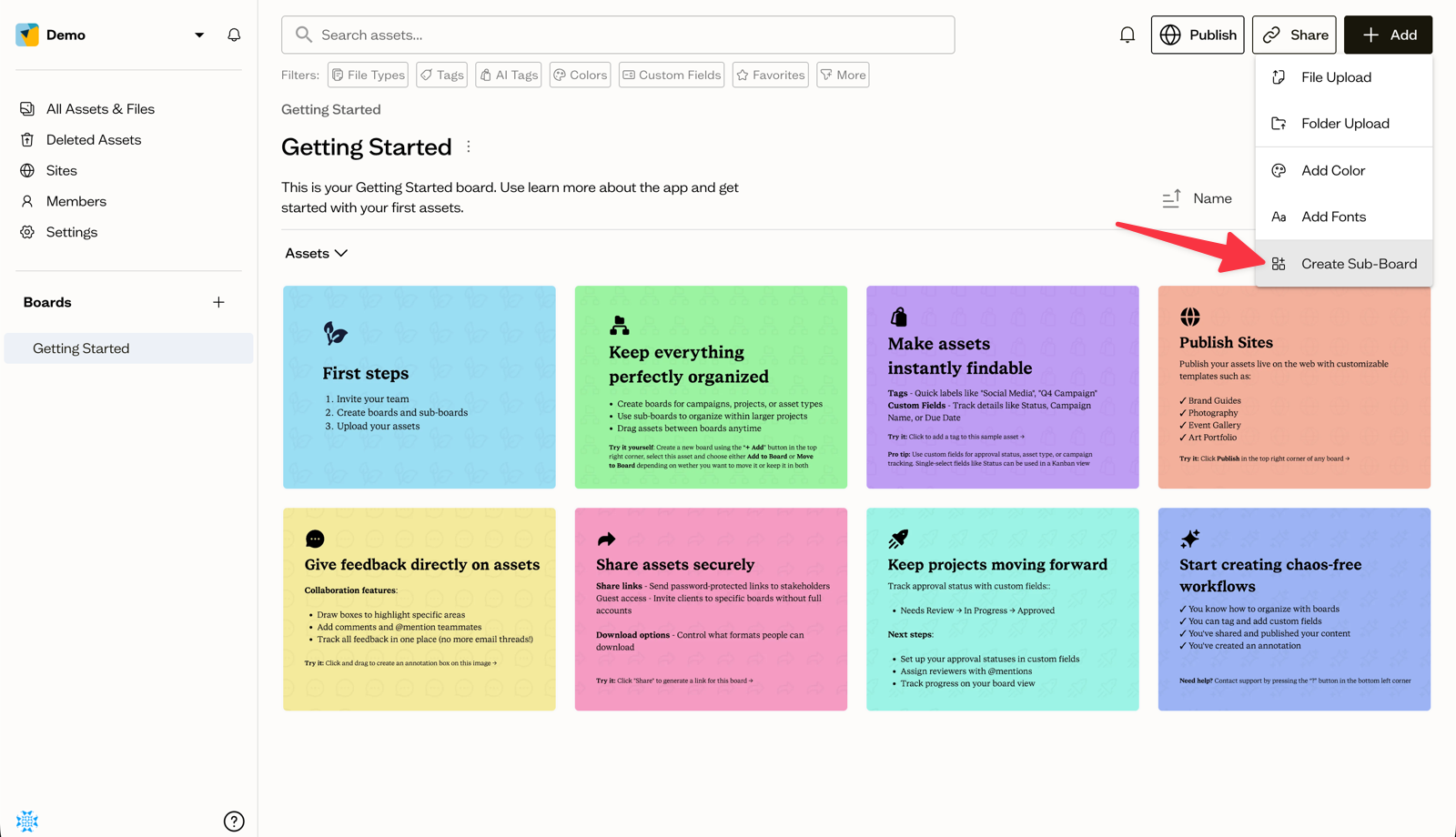Create a sub-board from the Add button