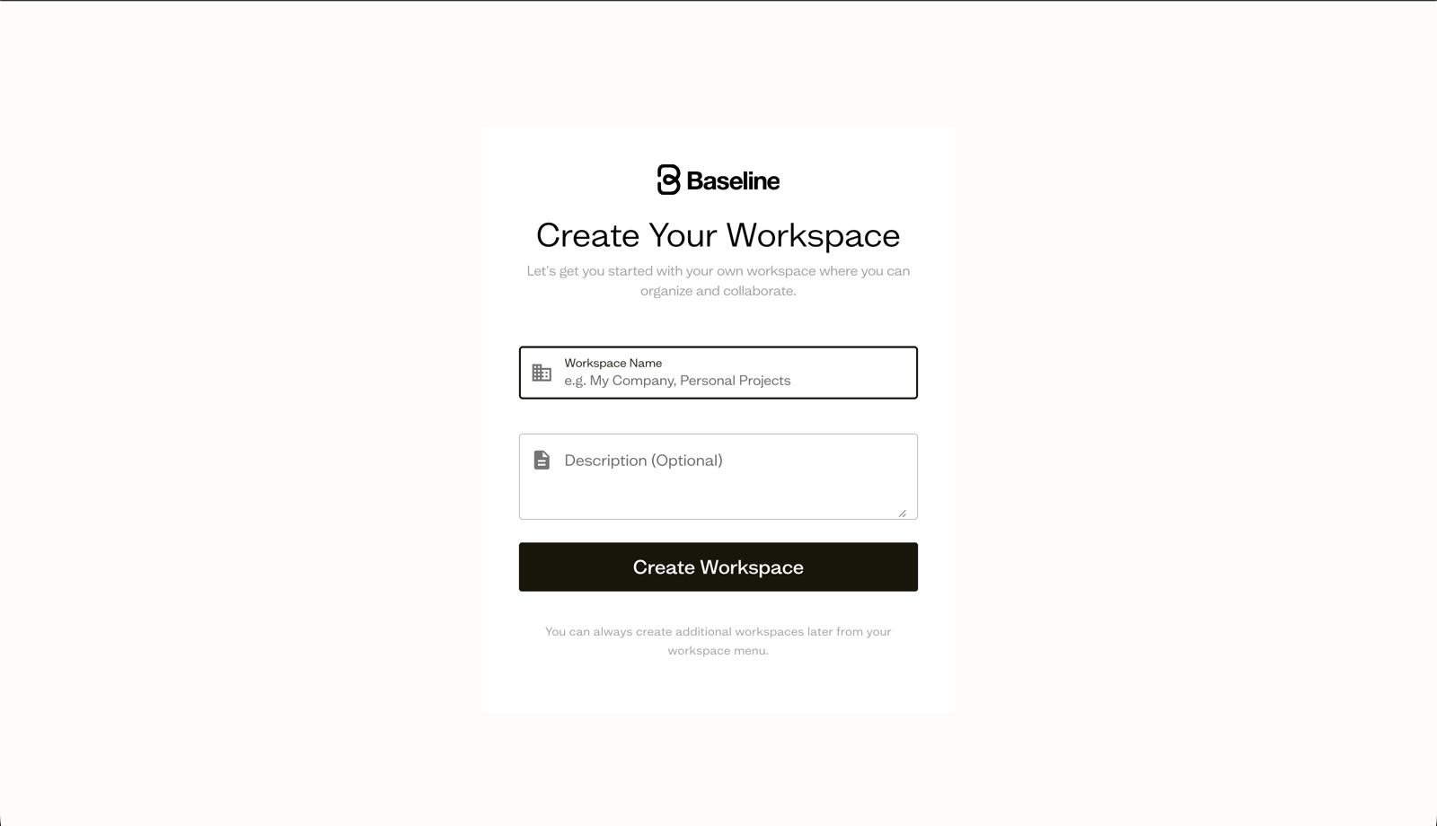 Welcome screen with the create workspace button