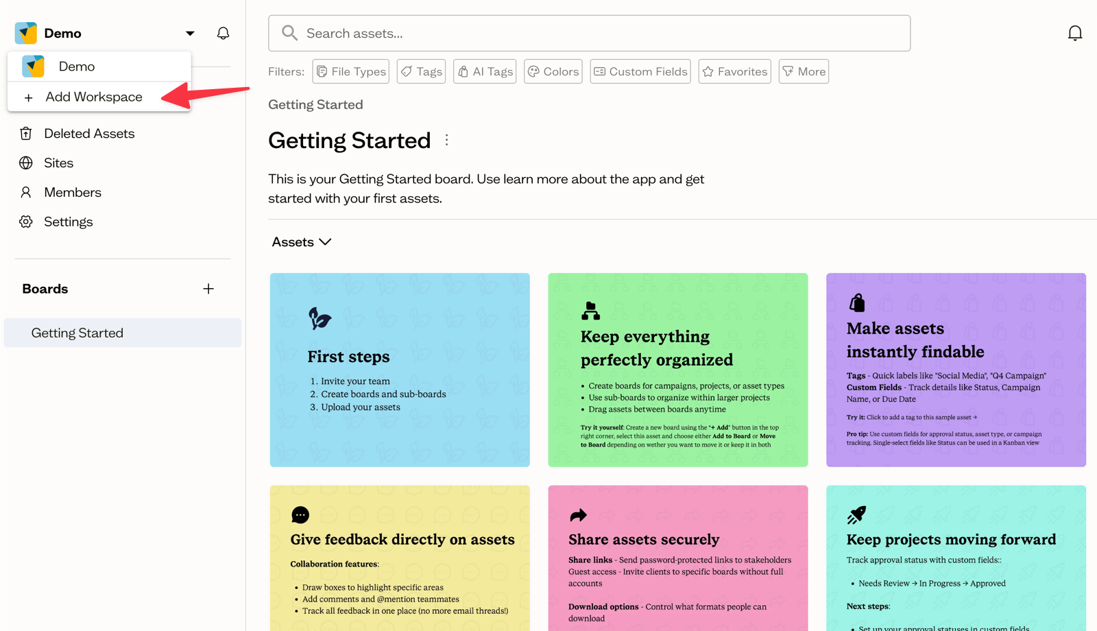 The workspace switcher with Add Workspace