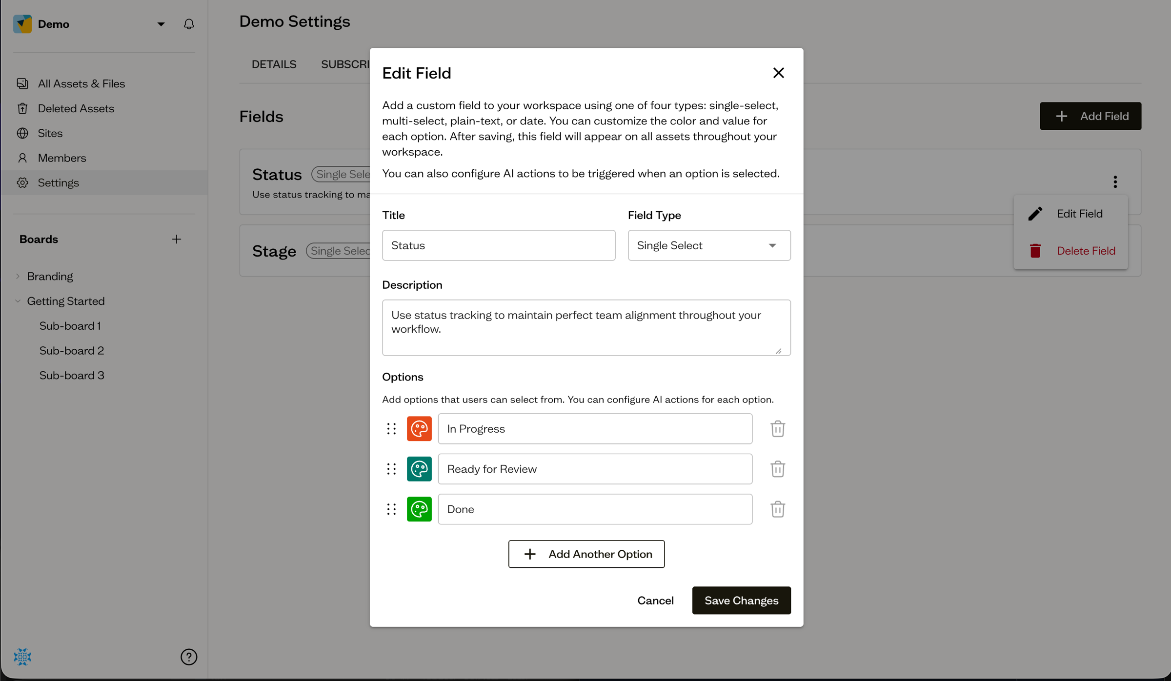 Create or edit a custom field dialog