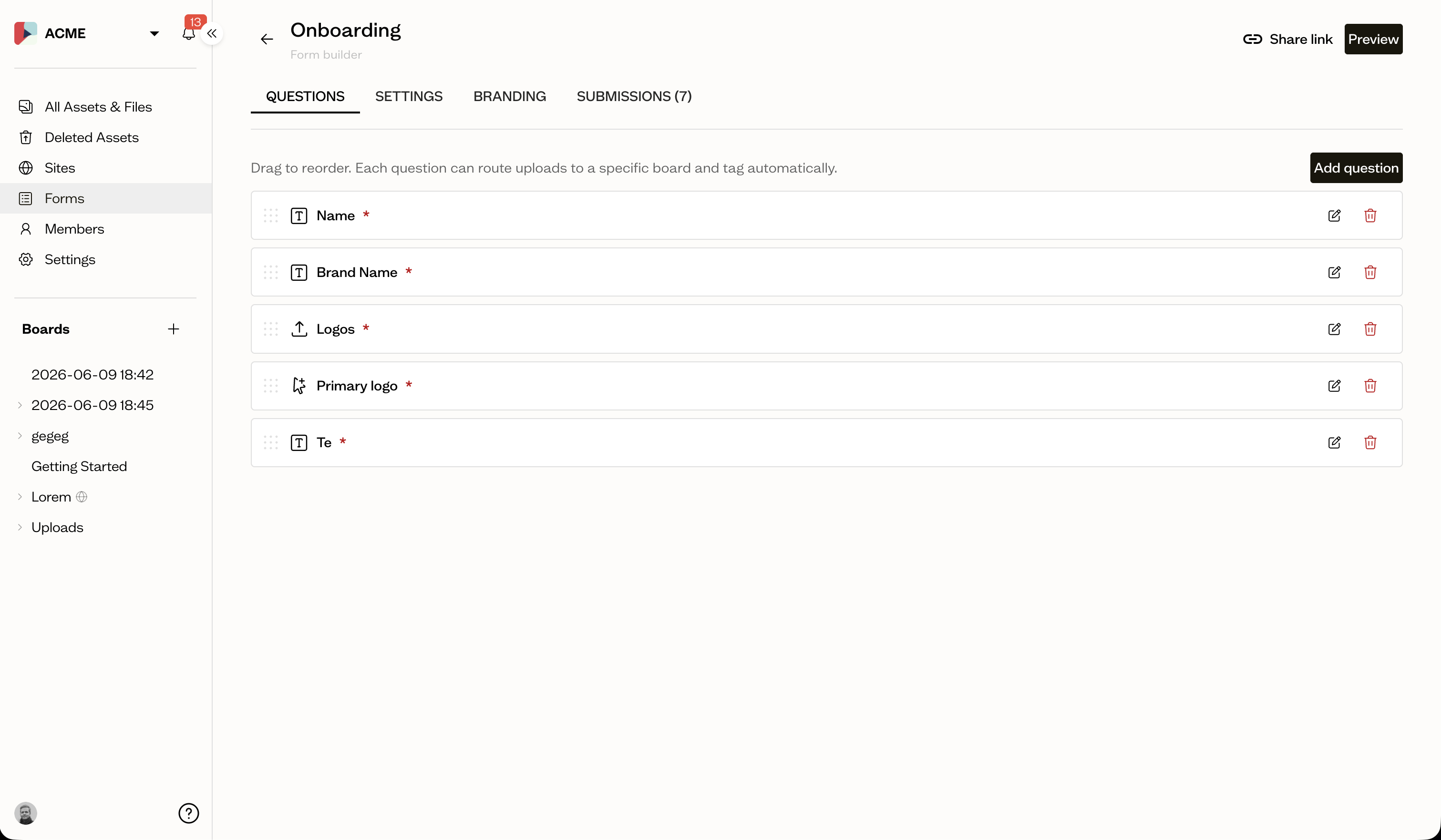The form builder showing a multi-step form with file upload and text questions