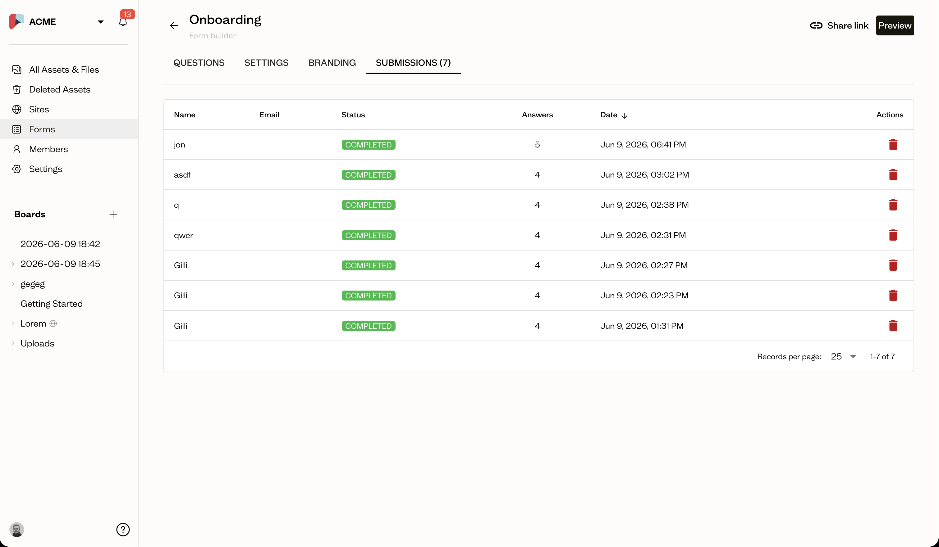 The submissions page showing a list of form responses with submitter info and status