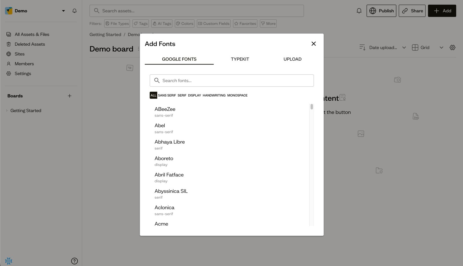The Add Fonts dialog with its three tabs