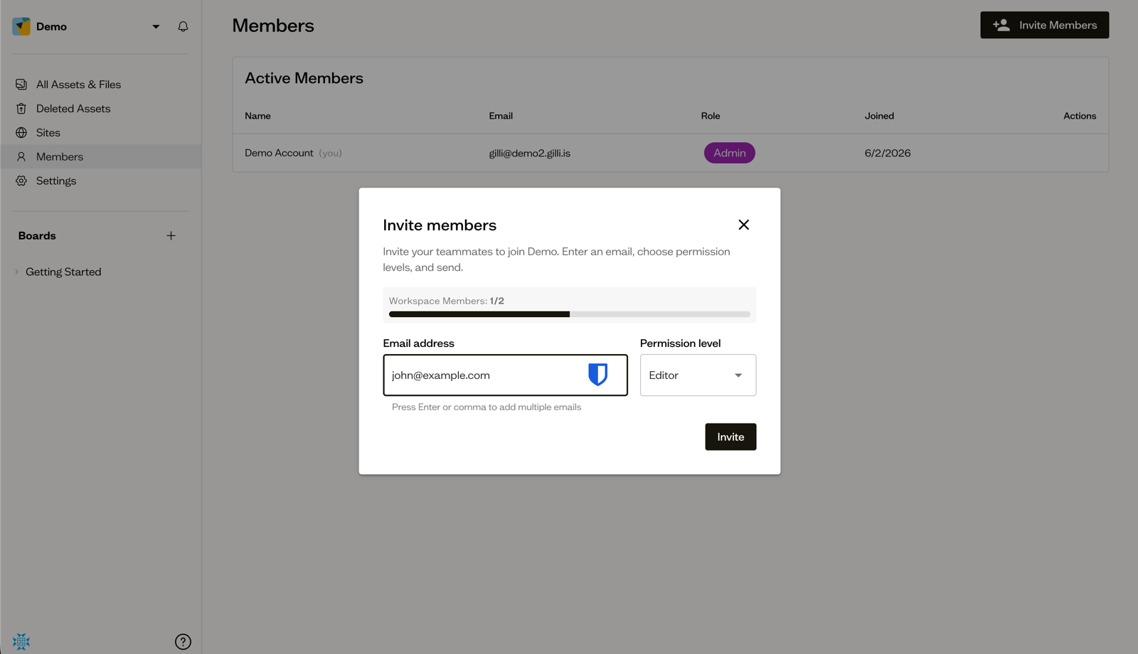 The invite members dialog