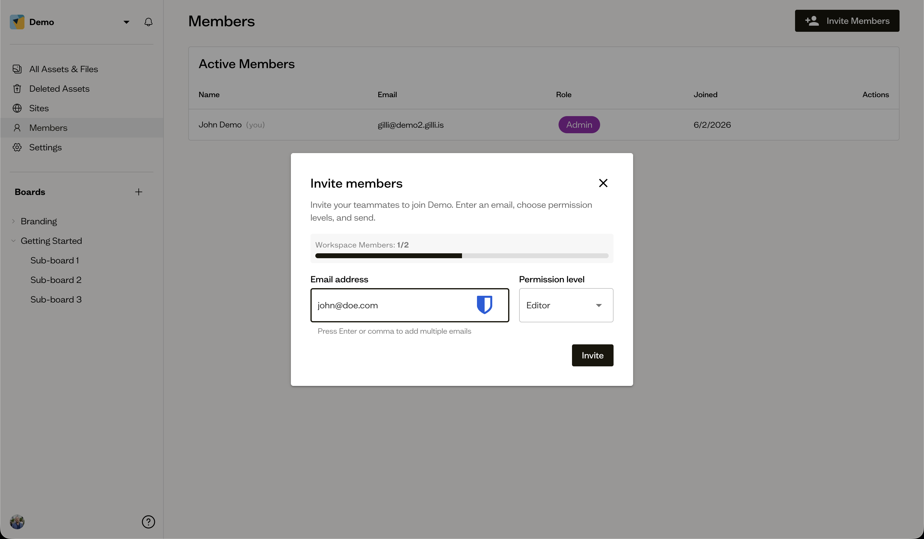 The invite members dialog