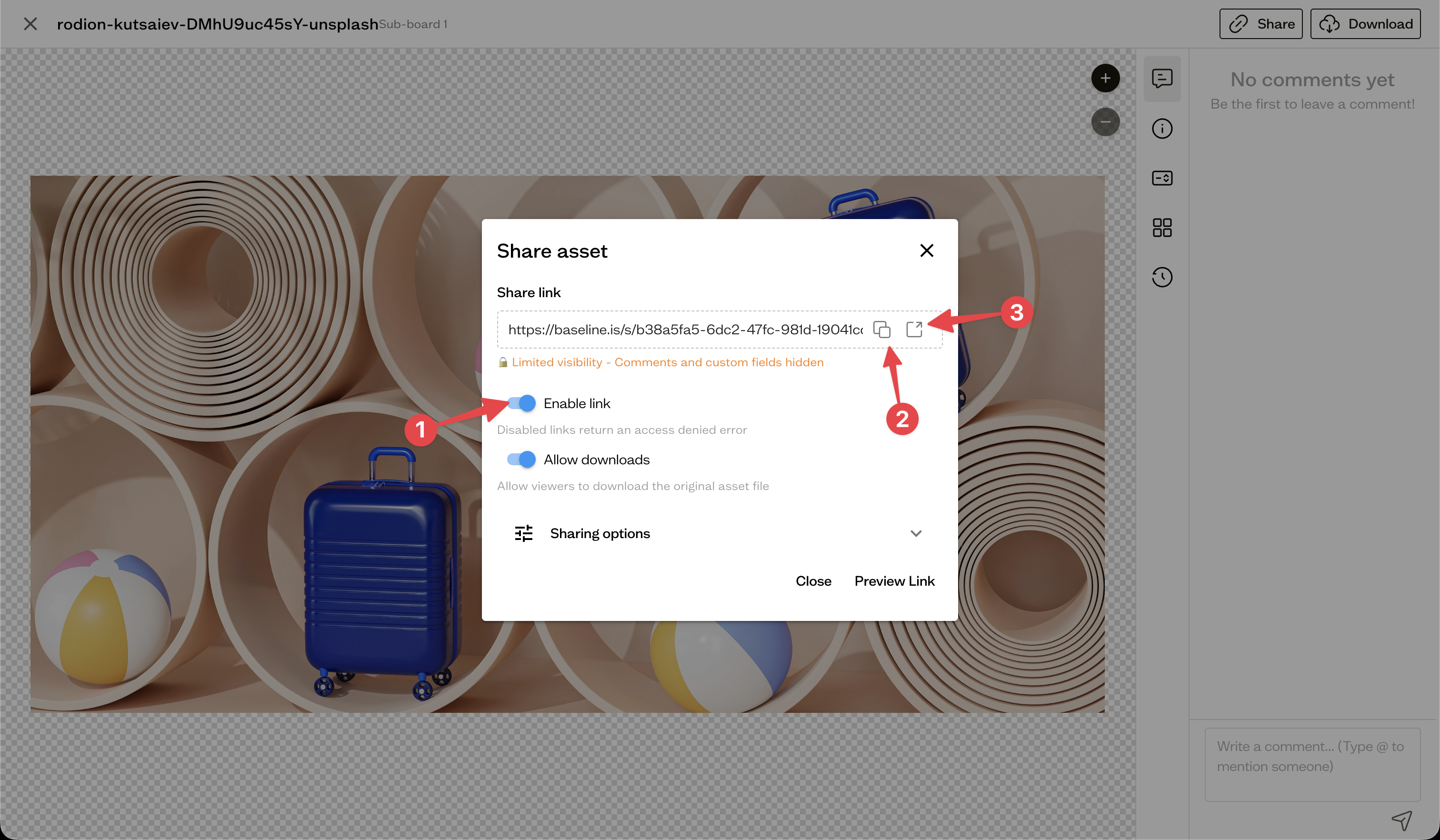 The share link dialog