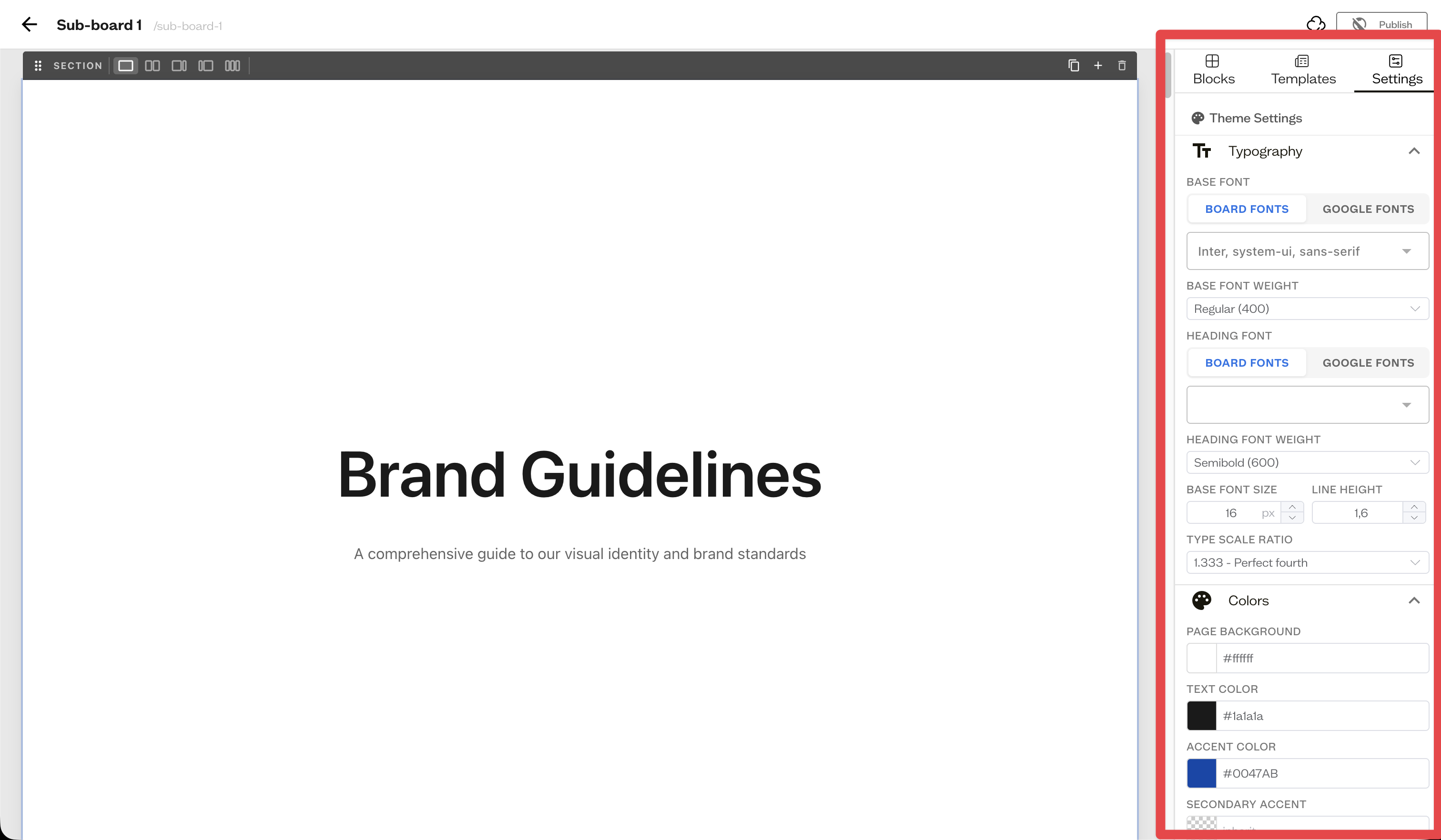 The site theme settings panel