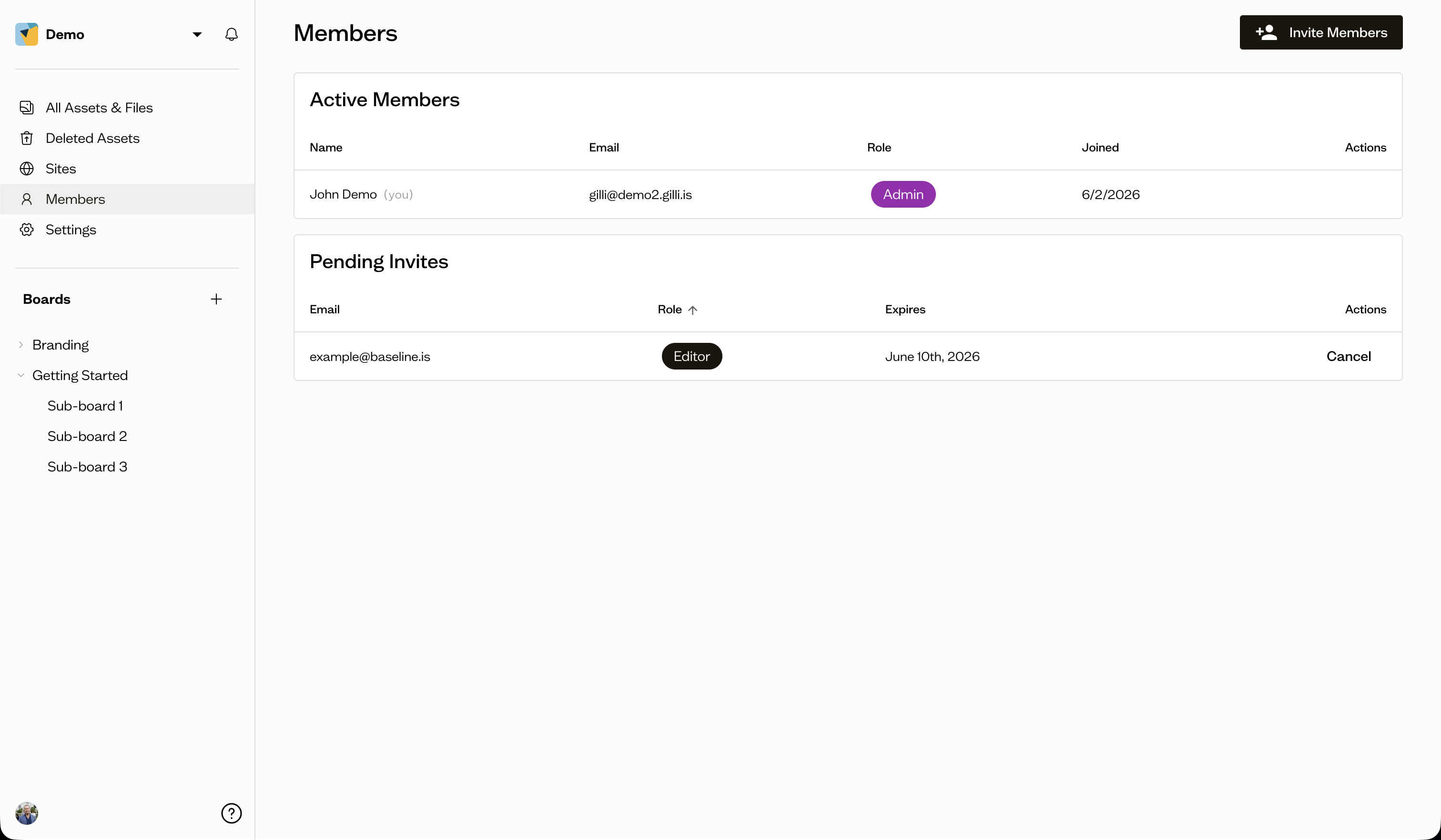 The pending invites list