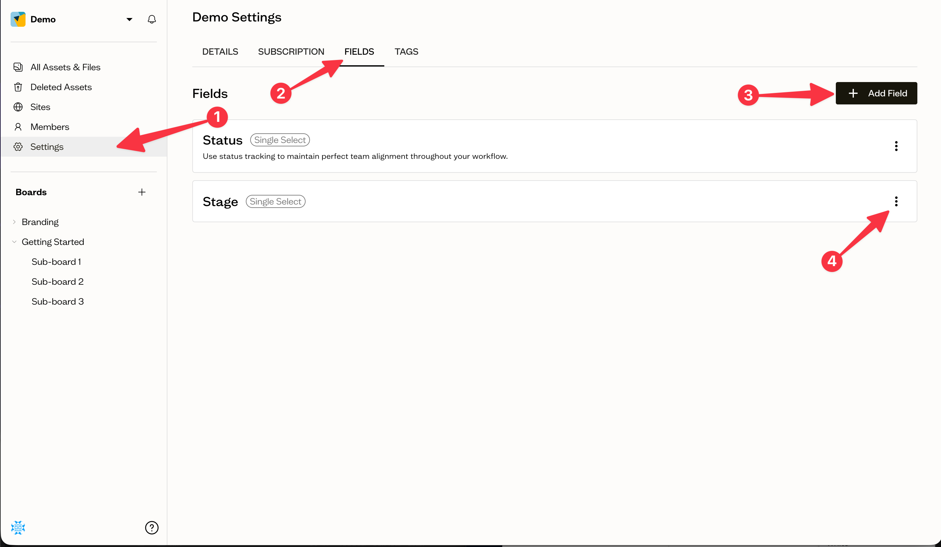 The Fields settings page