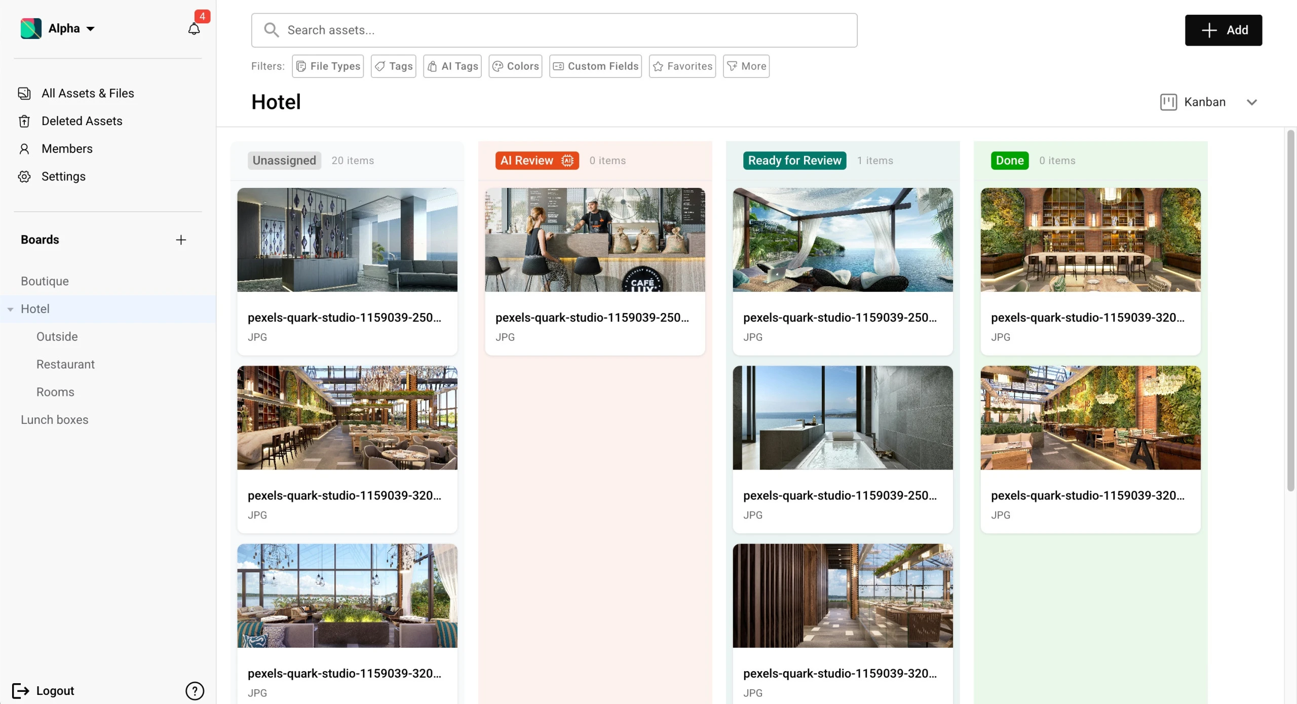 A Kanban view of one client's assets sorted into Unassigned, AI Review, Ready for Review and Done columns. Every filename on screen reads pexels-quark-studio-1159039, which is the point: the status lives on the asset, not in what the file happens to be called.