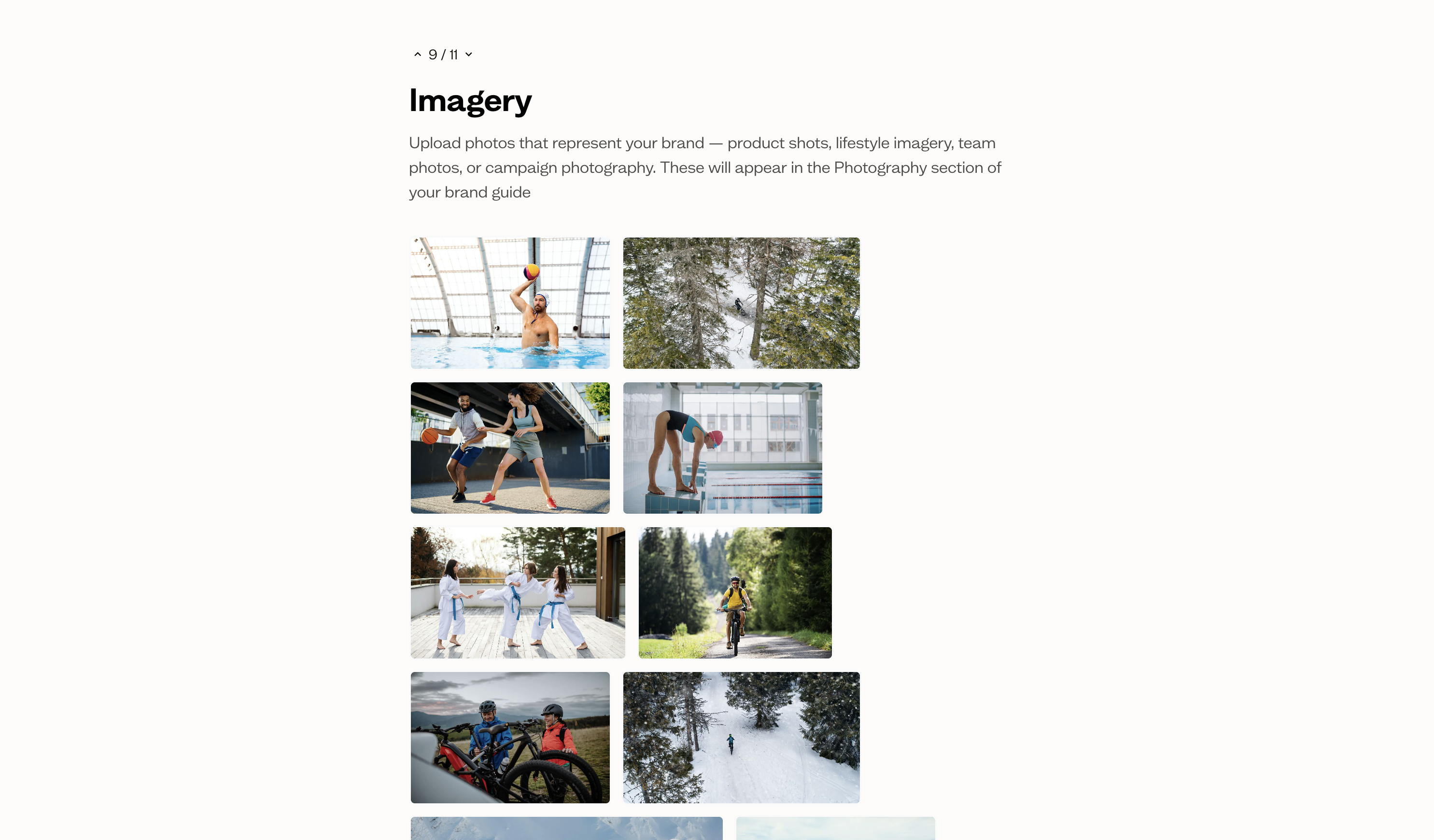 A public intake form question asking the client to upload brand imagery, with previously uploaded photos shown in a grid